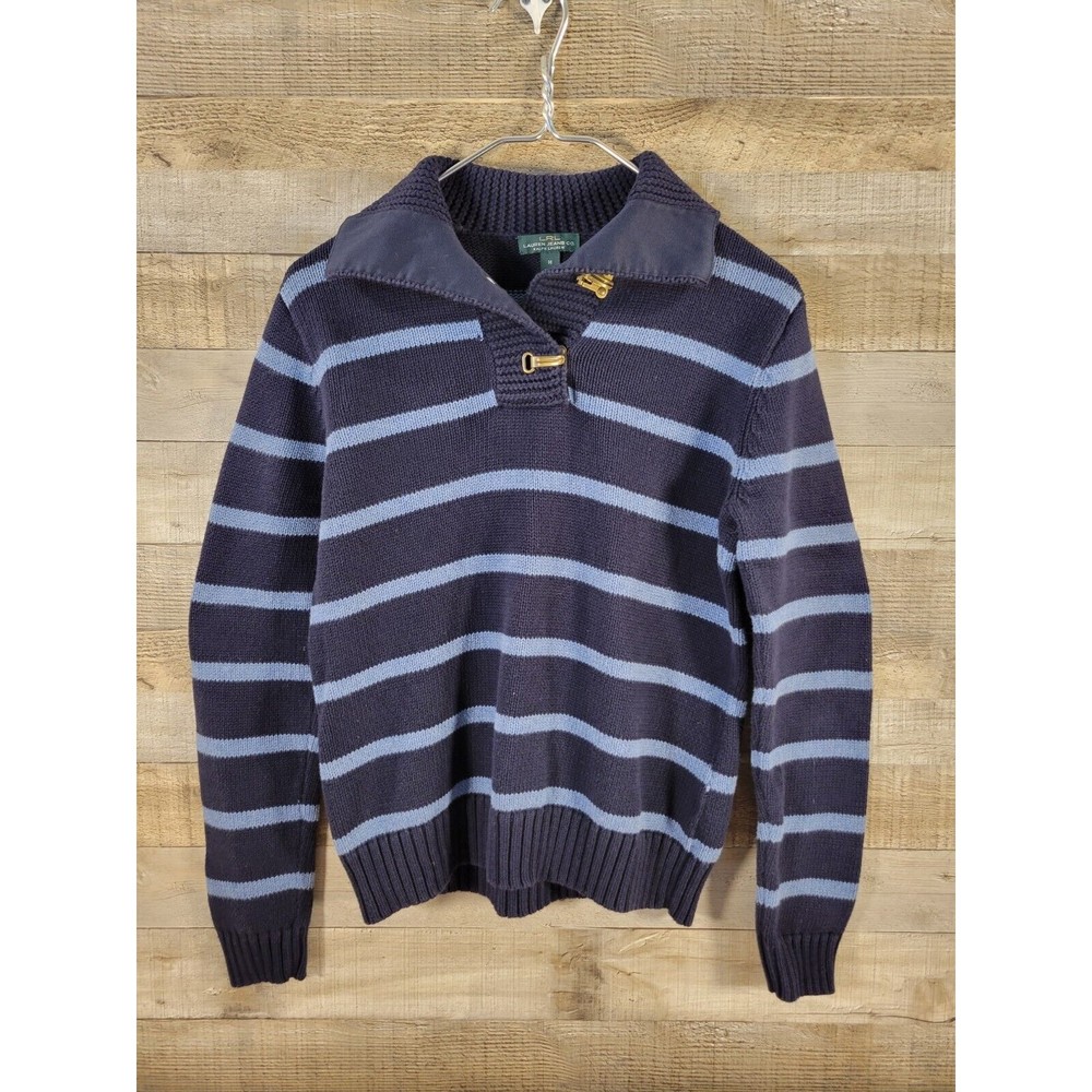 Lauren Jeans Co LRL Sweater Cotton Pullover Women's Large Toggle Blue Stripe